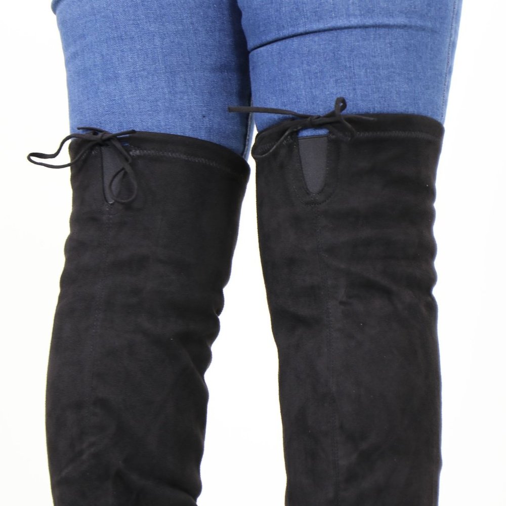 Pointy Toe Black Faux Suede Thigh High Over The Knee Block High Heel Boots - Picture 9 of 15